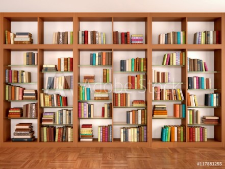 Bild på Wooden and glass shelves with different books Library 3d illus